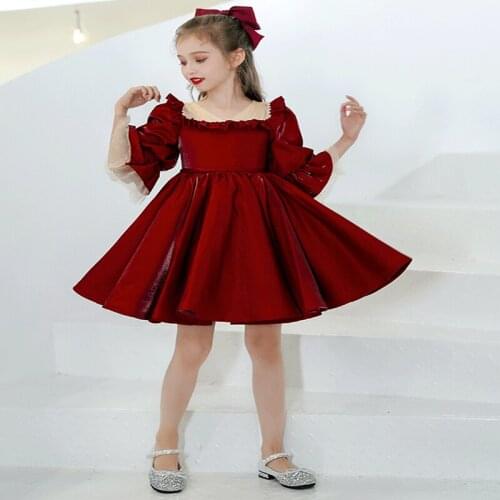 Flower Girl Dresses V-Neck Three Quarter Princess Elegant Knee-Length Jersey Pleat Luxury Burgundy Lovely Kids Party Gown H172