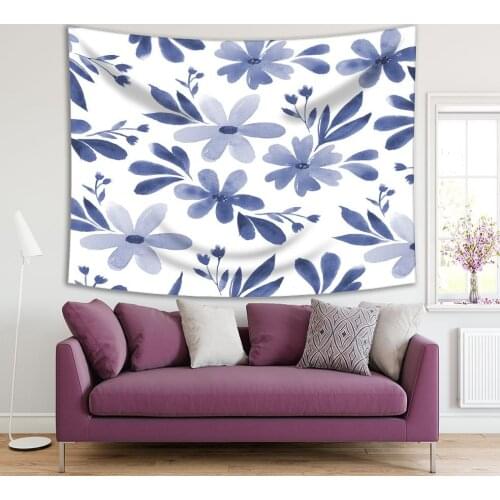 Tapestry Spring Flowers Blossom Classic Floral Design Monochromic Artwork Blue White
