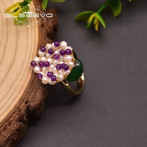 GLSEEVO Handmade Natural Freshwater Pearl Female Ring Green Agate Wedding Birthday Gift Jewelry Fashion Jewelry GR0276A