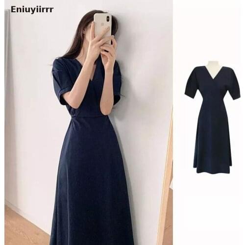 Korea Chic Dress 2021 Summer Holiday Date Girls V Neck Draped Sweet Romantic Blue Pink Women Long Dresses Vestidos