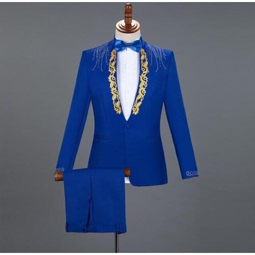 Costume Homme Royal Blue Embroidered Suit Men Diamond Wedding Groom Tuxedo Suits Men Stage Singer Party Prom Blazer Jacket Pants