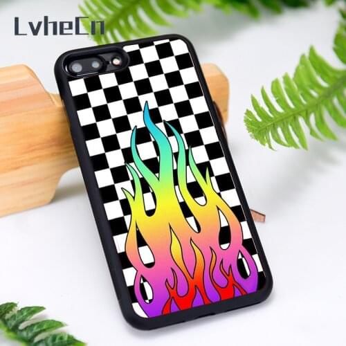 LvheCn Silicone Rubber Phone Case Cover for iPhone 6 6S 7 8 Plus X XS XR 11 12 Mini Pro Max Black White Checkers Rainbow Flames
