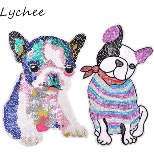 Lychee Big Size Lovely Dog Embroidered Sequin Iron On Patch With Adhesive DIY Handmade Garment Sewing On Applique
