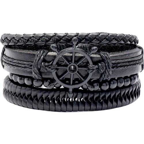 Fashion Punk Black Rudder Men Women Bracelet Set Multilayer Weave Leather Beads Charm Bangle Wrap Wristband Rock Vintage Jewelry
