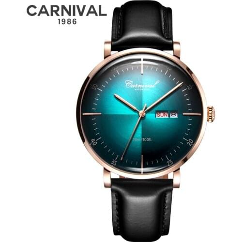 CARNIVAL Top Brand Mens Automatic Mechanical Watches Luxury Japan Movement Genuine Leather Band Calendar Sapphire Montre Homme