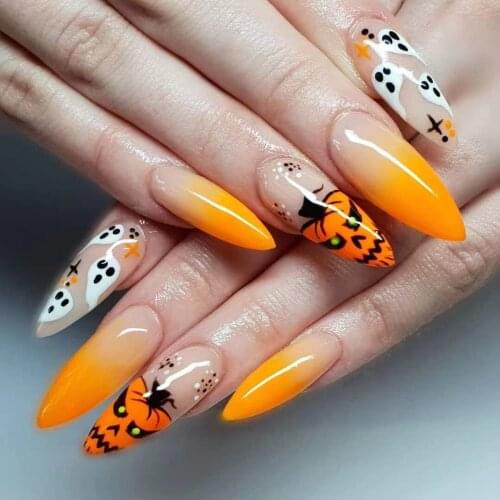 24Pcs Long Coffin Pointed False Nails Detachable Halloween Style Nails Wearable Fake Nails Full Cover Nail Tips Press On Nails