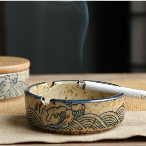 Japanese Ashtray Creative Retro Personality Trend Living Room Office Ceramic Cover Anti Fly Ash Anti Wind Household Ashtray