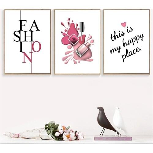 Pink Nail Polish Wall Art Canvas Painting Fashion Poster Happy Quotes Print Modern Posters Wall Pictures Beauty Salon Decoration
