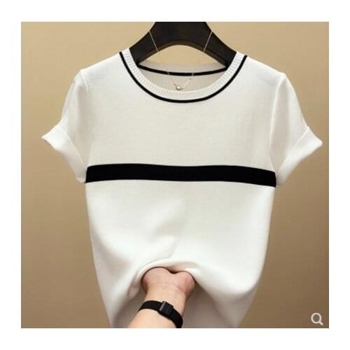 2021New Korean version O collar Ice silk sweater bottoming shirt womens thin pullover summer Short sleeve