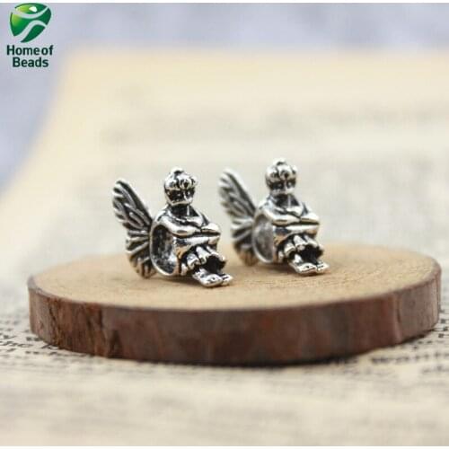 Big Hole Angel With Wings Antique Silver Color Zinc Alloy Beads(15 Pieces/pack) ZA1142
