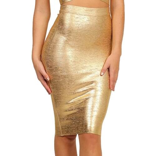 Foiled Bandage Bodycon Skirt Sexy Solid High Waist Rayon Gold Silver Knee Length Party Skirt
