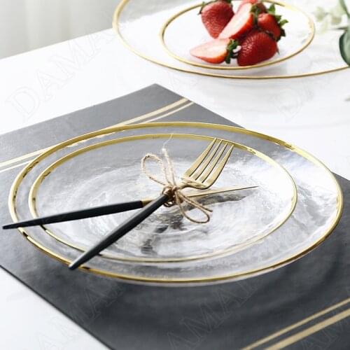 Golden Stroke Glass Plate Western Steak Tray Fruit Salad Main Course Plates Living Room Dining Table Trays Kitchen Tableware Set
