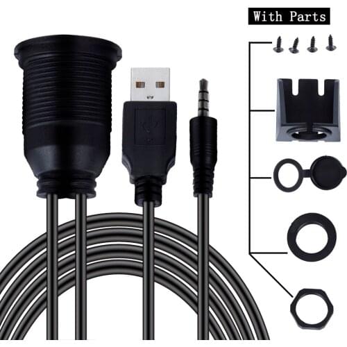 Car Dashboard USB Extension Cord Cable 2M USB 2.0 3.5mm AUX Panel Mount Cable For Car Boat Motorcycle Flush Mount Cable Adapter