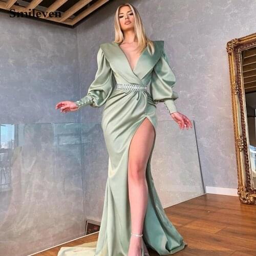 Smileven Green Satin Mermaid Evening Dress Puff Long Sleeve High Side Split Prom Dresses Dubai New Arrival Evening Party Gown