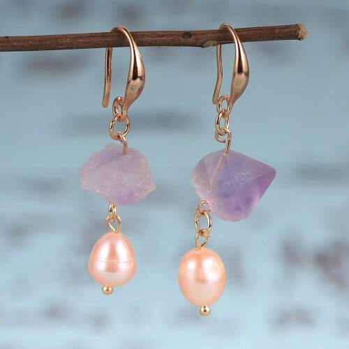New Design BOHO Natural Crystal Amethysts Freshwater Pearls Dangle Drop Earrings For Women 2020 Female Wedding Fashion Jewelry