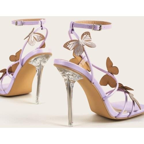 OLOMLB Womens Peep Toe 3D Butterfly Cross-strap Stilettos Clear Transparent Crystal High Heel Sandals Shoes Plus Size New 2021