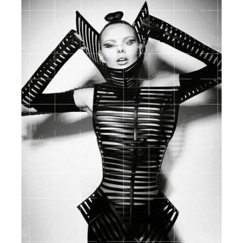 Women Party Fashion Week T-Show Female Model Catwalk costume Artwear white black silver gogo show stage clothing