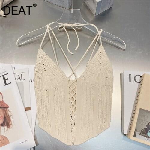DEAT Women Knitted Bandage V-neck Halter Elasticity Camis New Arrivals Sexy Temperament Fashion Spring Summer 2021 11D958