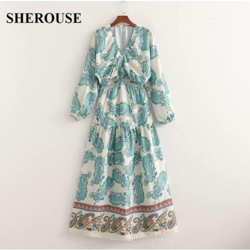 SHEROUSE 2021 Vintage Women Paisley Printed Dress Hollow Out Waist Long Sleeves Elegant Chic Lady Midi Long Dresses Woman Robe