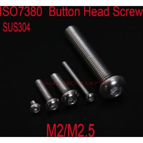 100pcs/lot ISO7380 M2/M2.5 Stainless Steel A2 Hexagon Socket Button Head Screw Pan Head Hex Socket Screw Length 3mm--25mm