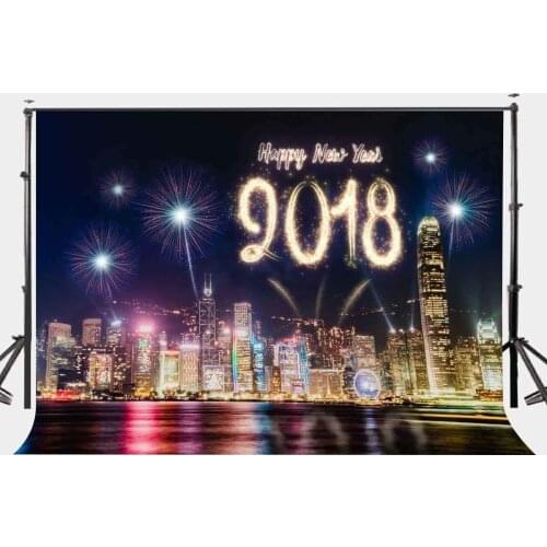 150x220cm Happy New Year 2018 Backdrop Colorful Fireworks Beautiful City Night View Photography Background Party Photo Shooting