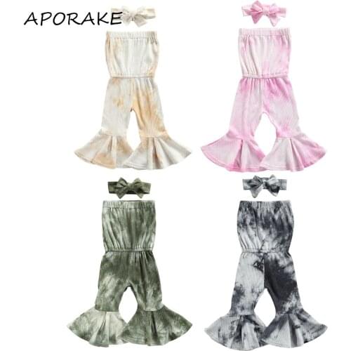2021 0-3Y Summer Infant Baby Girl Jumpsuit 2pcs Tie Dye Print Off Shoulder Sleeveless Tunic Romper Flare Pants+Headband 4 Colors
