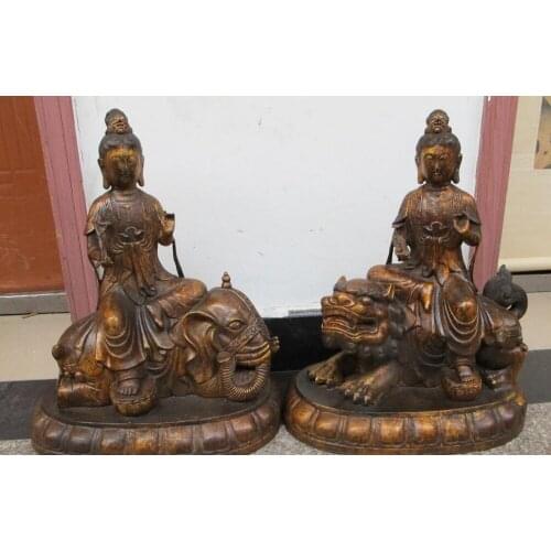Bi001927 18"Tibet old bronze gilded Lion & Elephant Domination amulet Kwan yin Tara Pair