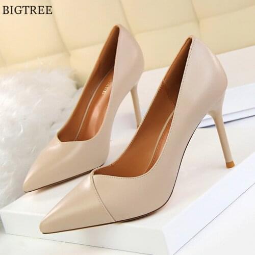 BIGTREE 9CM Women Office Shoes Shallow Concise PU Leather High Heels Pumps Pointed Toe Fashion High-Heeled Shoes Woman 2021 New