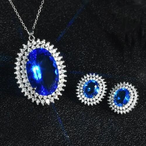 Big Lab Sapphire Jewelry set 925 Sterling Silver Bijou Party Wedding Earrings Necklace For Women Bridal Gemstones Jewelry Gift