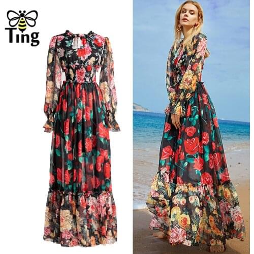 Tingfly Designer Rose Floral Luxury Party Dinner Dresses Women Silky Chiffon Maxi Long Dress High Quality Fairy Robes Rouge Traf