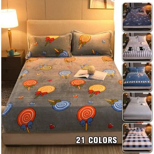 3 Pcs/set Flannel Bed Sheets Warm Cartoon Lollipop Printed Blanket Micro Fleece Extra Soft Cozy Velvet Plush Fitted Sheet