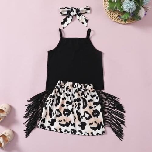 FOCUSNORM Fashion Infant Kids Girls Clothes Sets 3pcs Sleeveless Vest Tops Leopard Tassel Shorts Headband 2-7Y