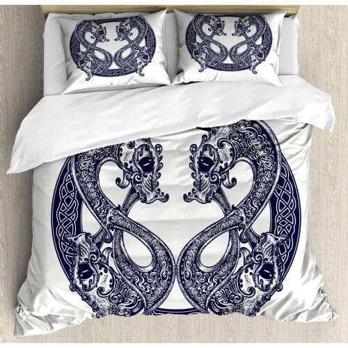 Celtic Dragon Duvet Cover Set Roudn Motif with Swirling Myth Creature 3 Piece Bedding Set Dark Night Blue Ivory