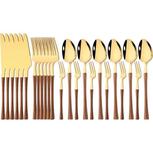 24Pcs/6Set Stainless Steel Imitation Gold Wooden Handle Cutlery Set Dinnerware Western Tableware Knife Tea Fork Spoon Flatware