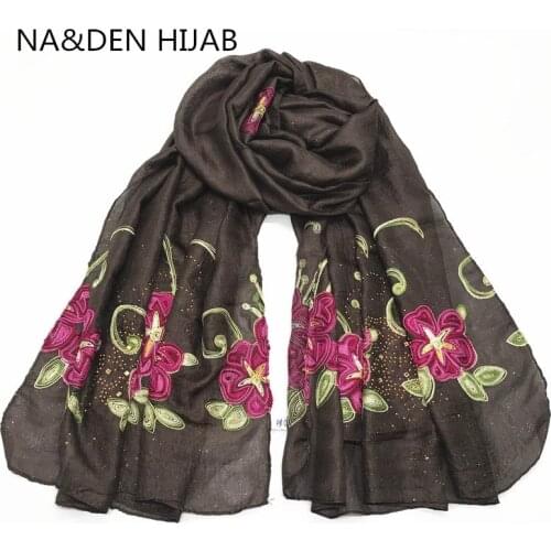 Plain soild hijabs flower embroidery silklike women scarf viscose bandanna shawls muslim head wraps 10pcs fast shipping hot sale