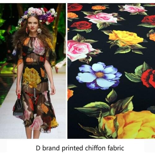 D brand printed chiffon polyester fabric cloth 145 cm width summer thin see-through shirt dress parent-child fabric