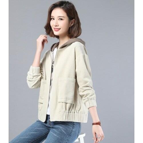 Corduroy Loose Jacket Women Hoodies Fashion Solid Color Pocket Zipper Hooded Women Jackets Spring 2021 Casual Veste Femme