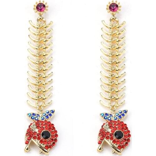 Vintage Gold Color Metal Fish Bone Long Earrings For Women inlay Rhinestone Fish Pendants Drop Earring Jewely Accessories Female