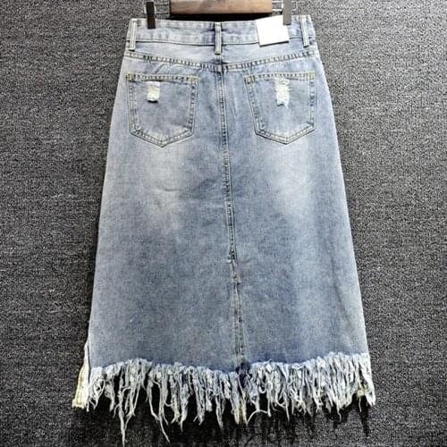 Asymmetrical Slim Tassel Knee Length Womens Denim Wrap Skirts Fashion Embroidery Sequins Hole Ripped Female High Waist Skirts