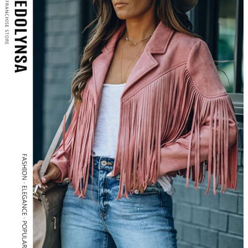 Fringe Faux Suede Jacket Womens Motorcycle Lapel Handsome Jacket Fall 2020 Ladies Solid Fringed Short Coat Women Jackets Y18