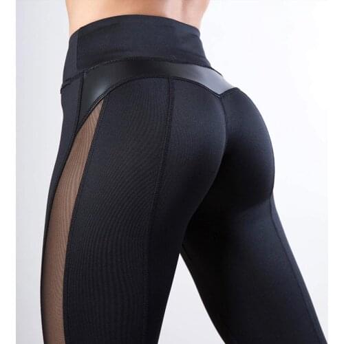 High Waist Fitness Leggings Women Workout sport Legging Mesh And PU Leather Patchwork Legging Push Up Punk Pants woman