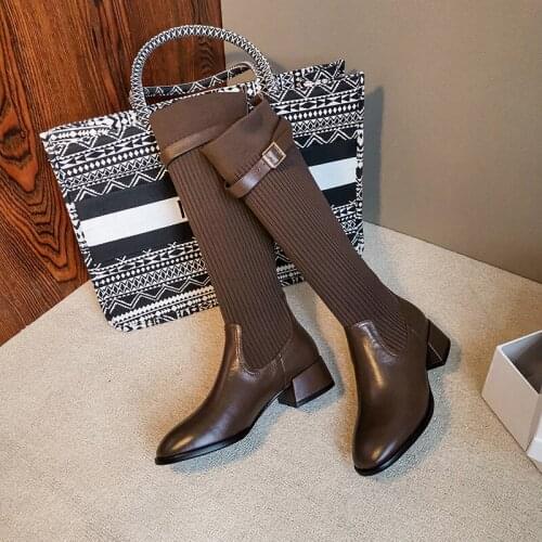 Slip On Belt Buckle Women Shoe Leather And Knit Womens high boots Ladies Winter Warm Shoes Patchwork Woman Boots Stretch botas