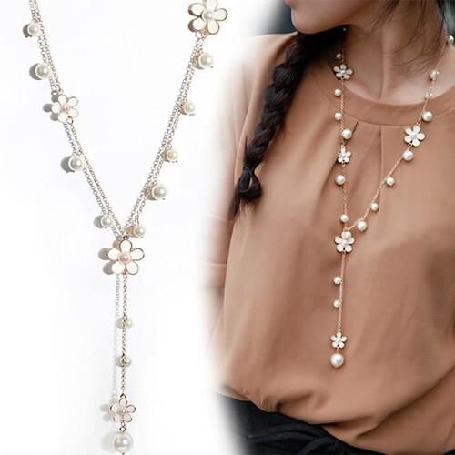 Womens Elegant Flower Faux Pearls Sweater Chain Long Pendant Necklace Jewelry