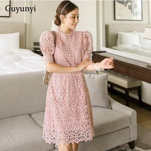 Pink Lace Dress 2021 Summer Korean Style Aimple Stand-Up Collar Puff Sleeves Temperament Elegant Party Womens Dresses