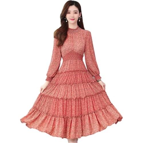 Spring Autumn Womens Chiffon Dress Long Sleeve 2021 New Arrivals Female Floral Dresses Pleated Slim Lady Vestido Ruffles Swing