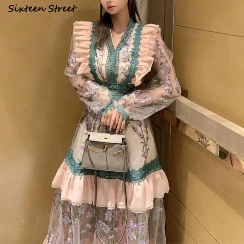 2021 Fashion Vintage Embroidery Dress Female V-neck Long Sleeve High Waist Bodycon Green Mesh Patchwork Elegant Dresses Woman