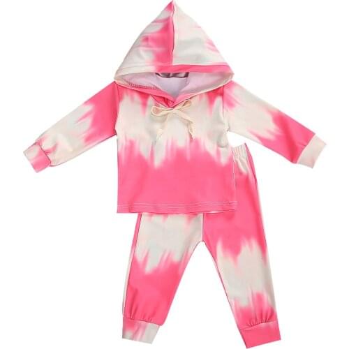 2Pcs Infant Baby Girls Drawstring Tie-dye Outfit Toddler Long Sleeve Hooded Pullover Trousers Spring Autumn Clothing