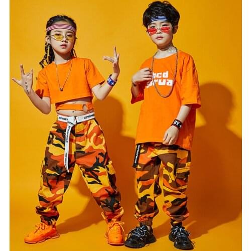Orange/Grey/Purple Camouflage Hip Hop Pants For Kids Jazz Dance Costume Short Sleeve Tops Girls Boys Stage Show Clothing BL5953