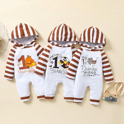 My 1st Thanksgiving Newborn Baby Boy Girl Long Sleeve Hooded Romper Jumpsuit Outfits Holiday Clothes