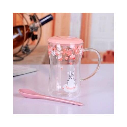 Creative Tali Japanese Sakura Breakfast Milk Coffee Mug With Cover Thick Transparent Large Cup With Handle Home Drinkware